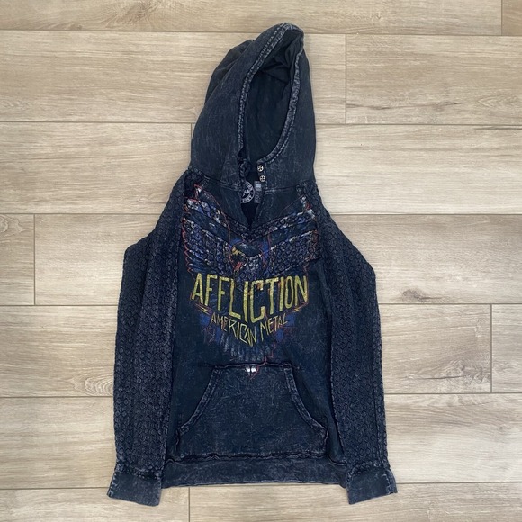 Affliction Tops - Affliction American Metal Stone Wash Pullover Hoodie Womens Medium Lace Arms Y2K
